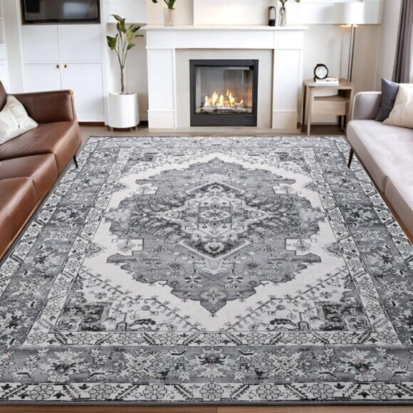 New 6x9 Washable Area Rug Grey Blue Vintage Non-Slip Low Pile Carpet for Home